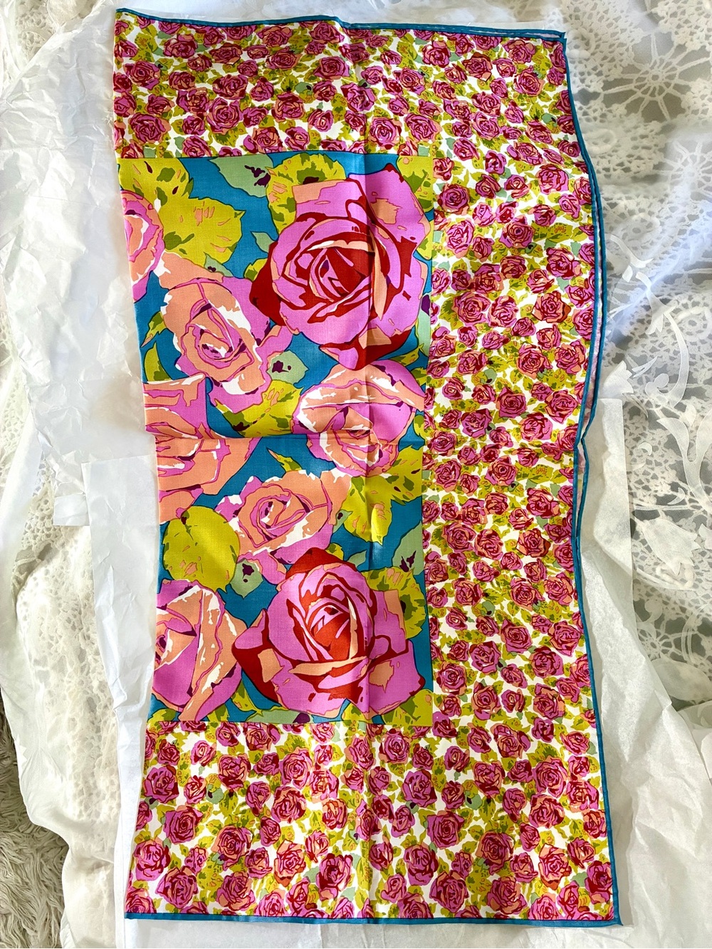 Vtg Jim Thompson Thai silk Colorful Thai Floral Scarf - Pink, Turquoise Lime